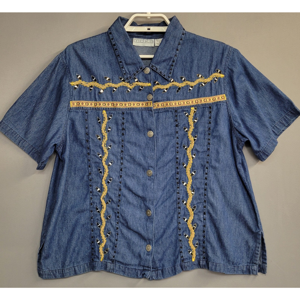 Moka Shirt Womens Medium Blue Denim Embroidered Short Sleeve Vintage Western Top
